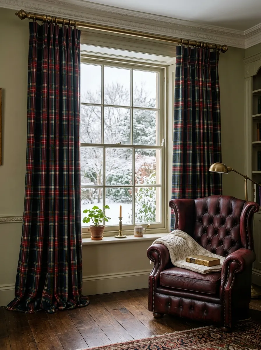 Floor to ceiling tartan Christmas decor curtain panels in red green and navy hanging at a living room window beside a burgundy armchair