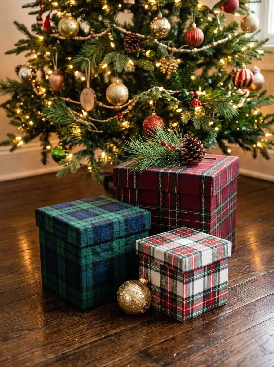 Three tartan Christmas decor gift boxes in staggered sizes with pine sprigs grouped under a decorated Christmas tree