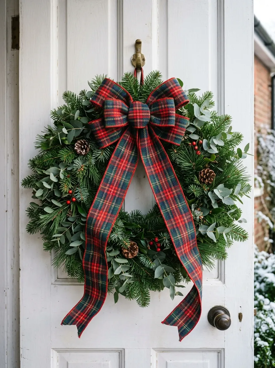 Close up of a Christmas wreath on a white door with a wide tartan plaid decor bow in red green and navy at the top