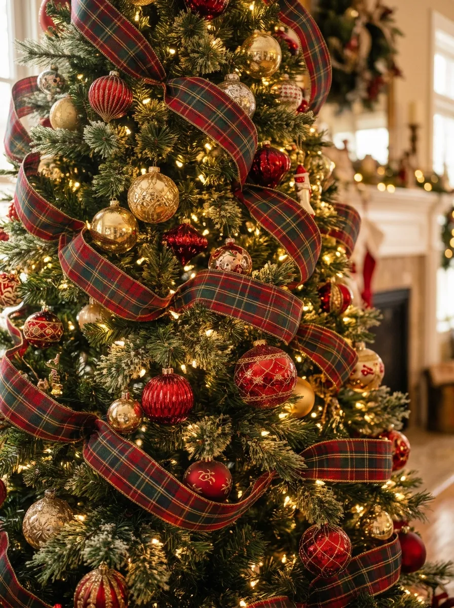 Close up of Christmas tree interior with wide tartan plaid holiday decorating ribbon woven in loops through the branches and ornaments