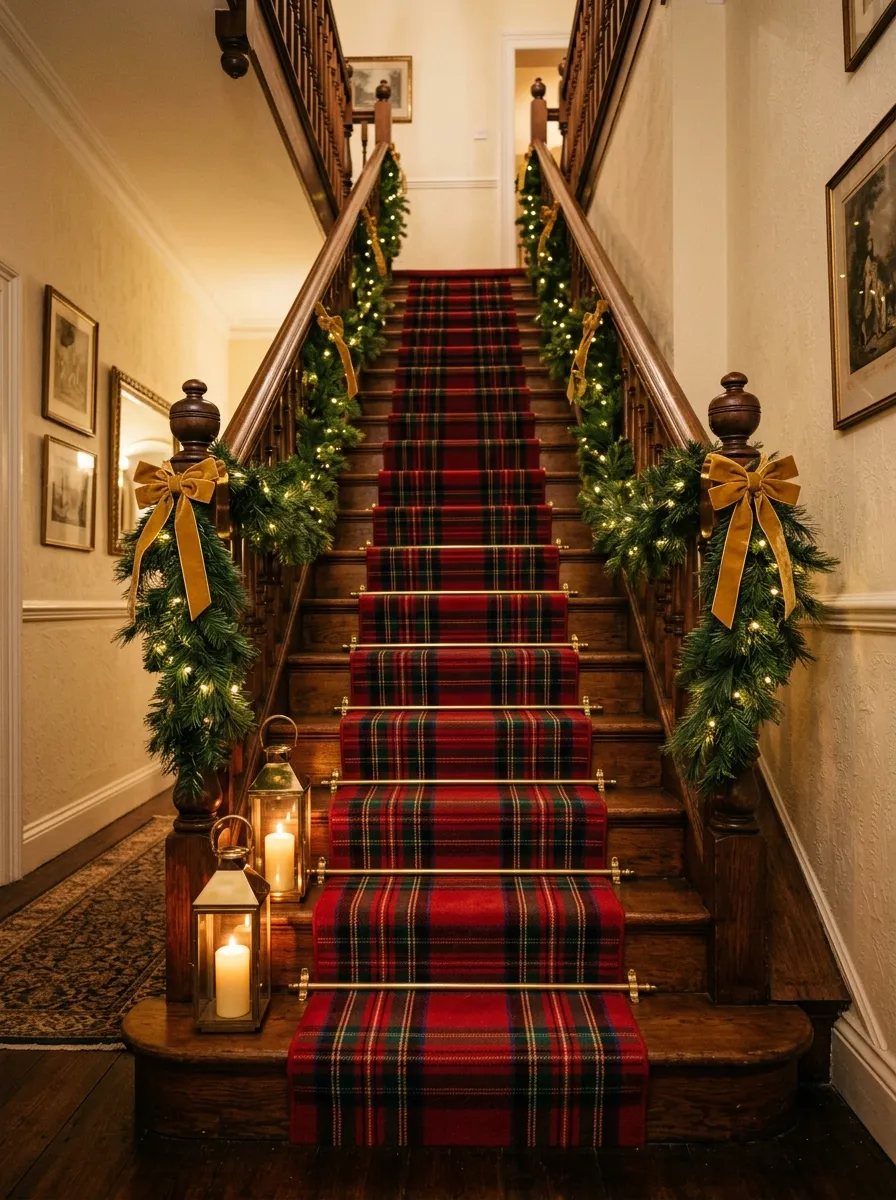 Traditional staircase with a red and green tartan Christmas ideas plaid runner held by brass stair rods and pine garland on the banister