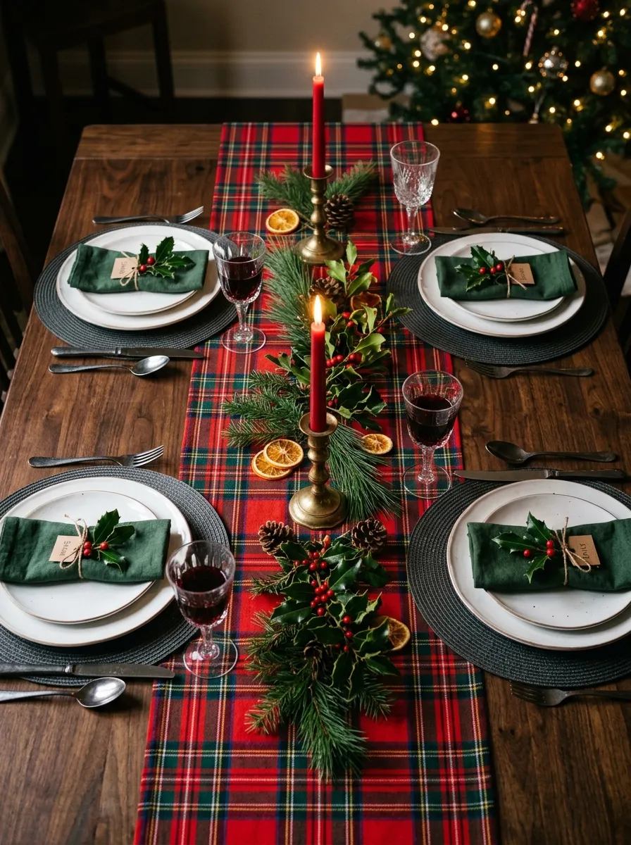Overhead view of a Christmas dining table with a red and green tartan Christmas decor table runner and red taper candles