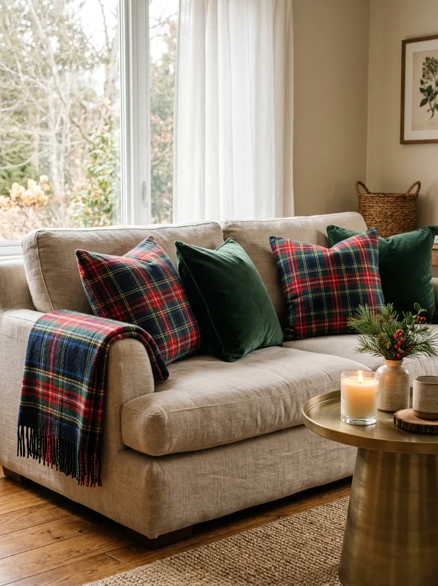 Neutral linen sofa decorated with tartan plaid holiday decorating throw pillows and green velvet cushions for Christmas