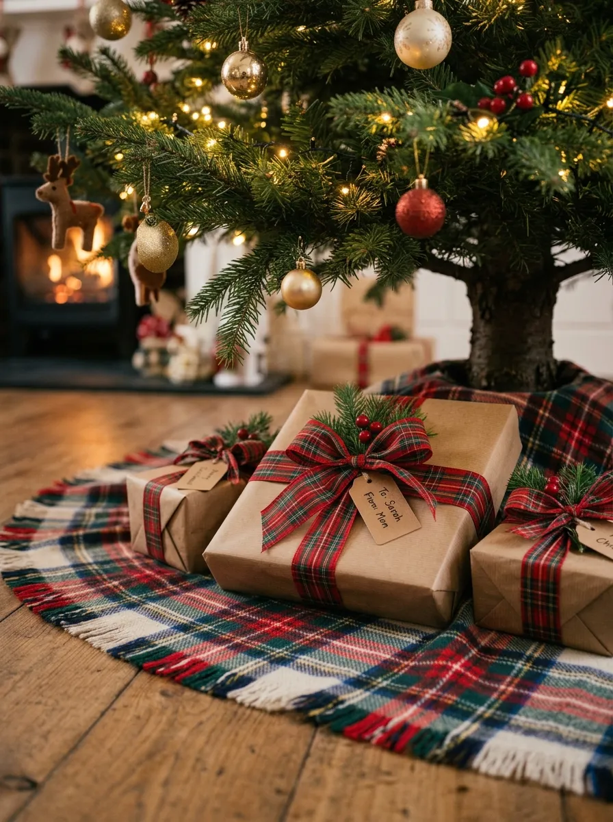 Close up of the base of a Christmas tree with a generous red and green tartan Christmas decor tree skirt and wrapped gifts