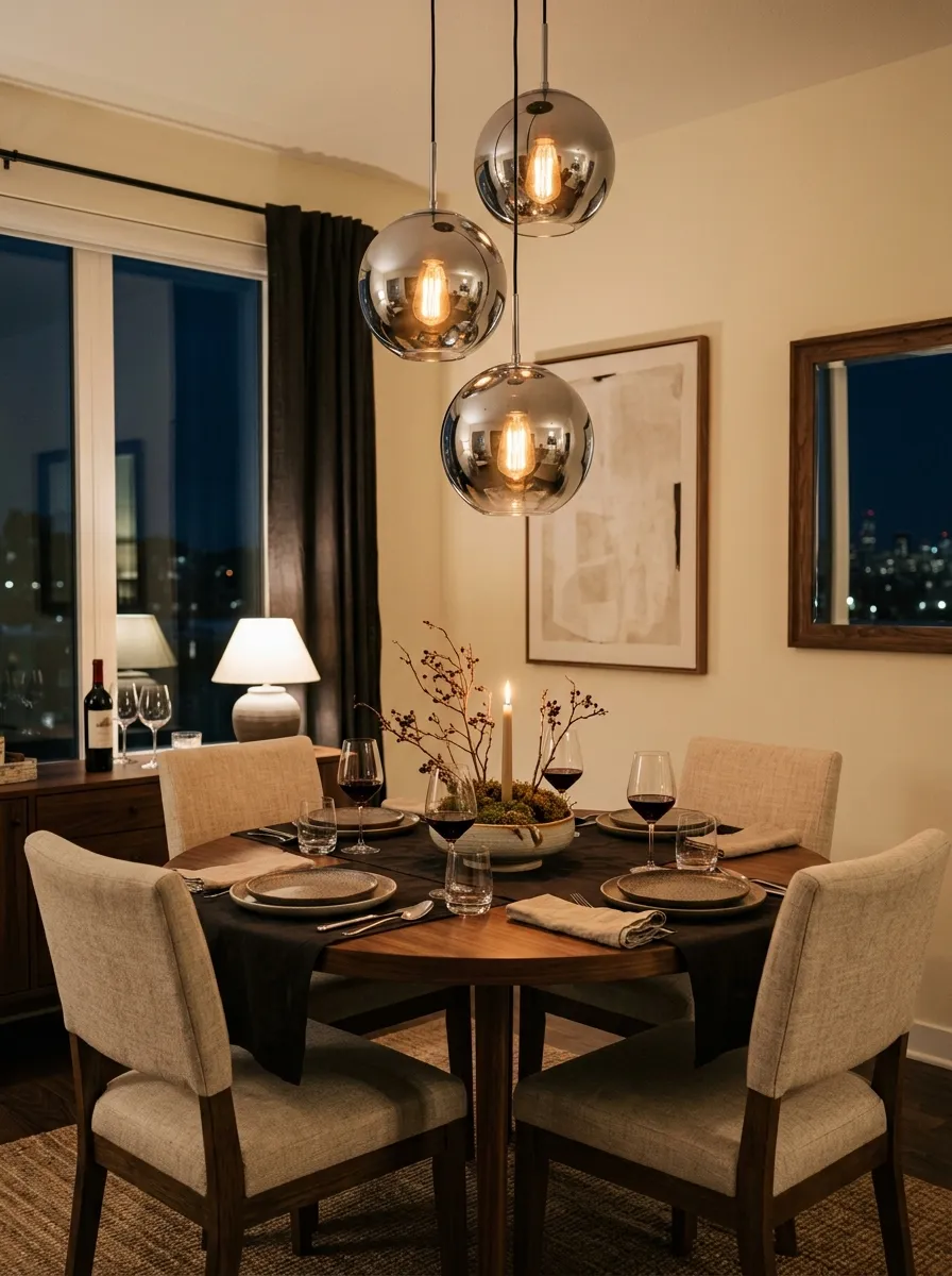 17 Postmodern Chrome Home Decor Ideas Bringing Retro Futuristic Style Back Into Modern Interiors 15 Three polished chrome sphere pendants at staggered heights above round walnut dining table with linen chairs in a warm intimate dining room