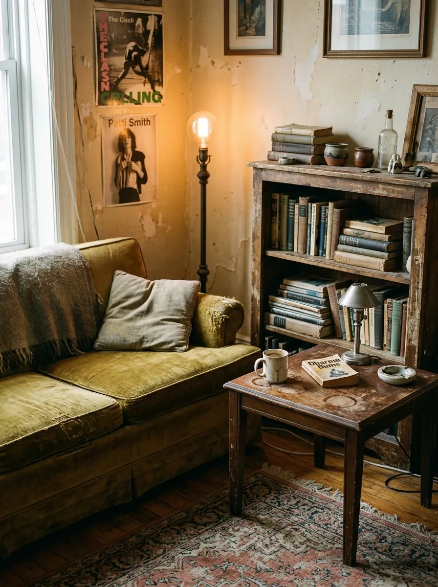 19 Grunge Apartment Ideas That Follow Quiet Design Rules for a Cool, Moody, and Authentic Space 5 Worn thrifted furniture with visible age and patina in a grunge apartment living room with warm Edison lighting