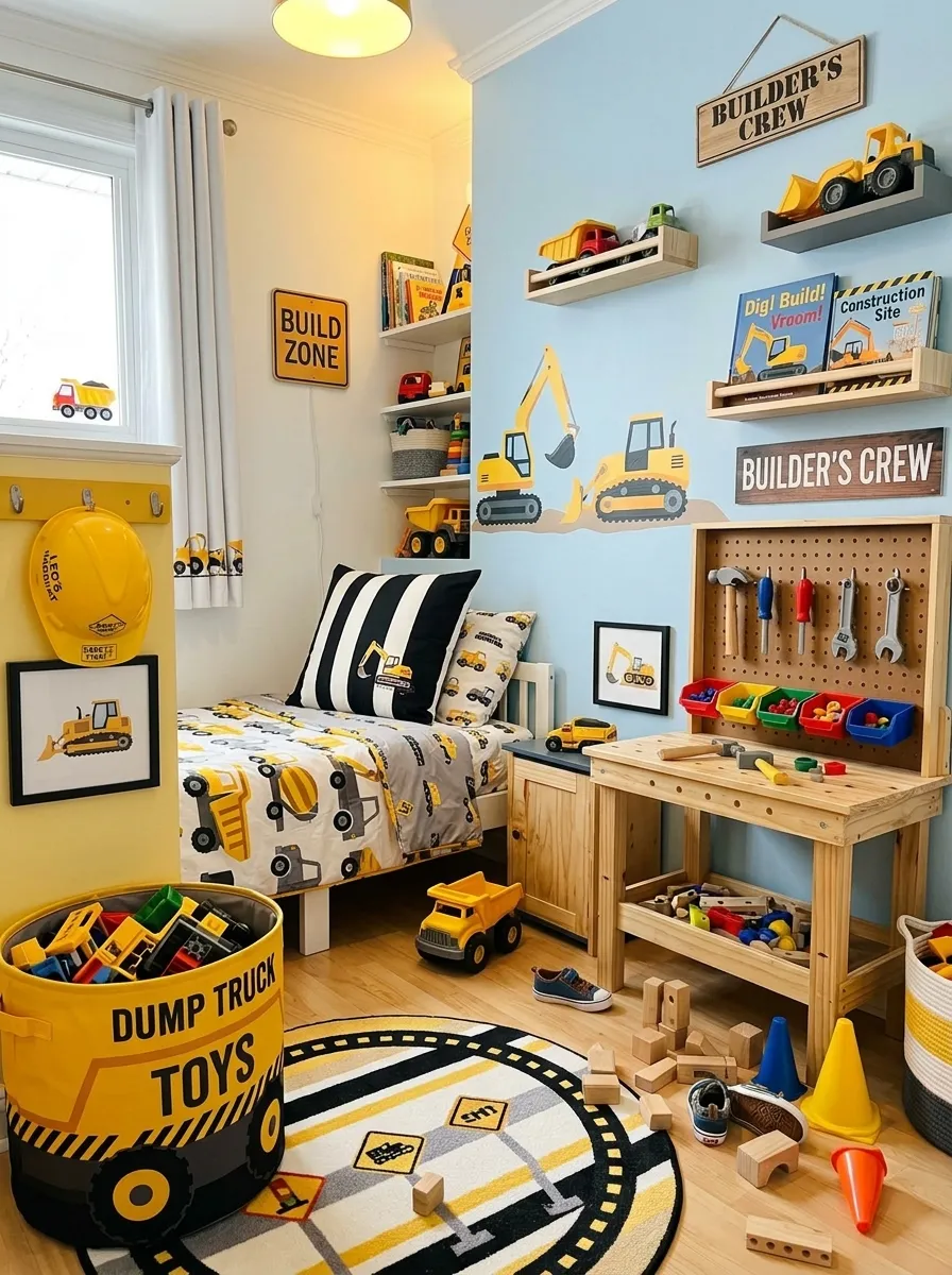 19 Toddler Boy Bedroom Ideas Designers Use to Create Fun Themes Without Making the Room Feel Too Childish 17 Toddler bedroom for boys construction zone theme with yellow black palette, dump truck bin, hardhat hook, and tool bench