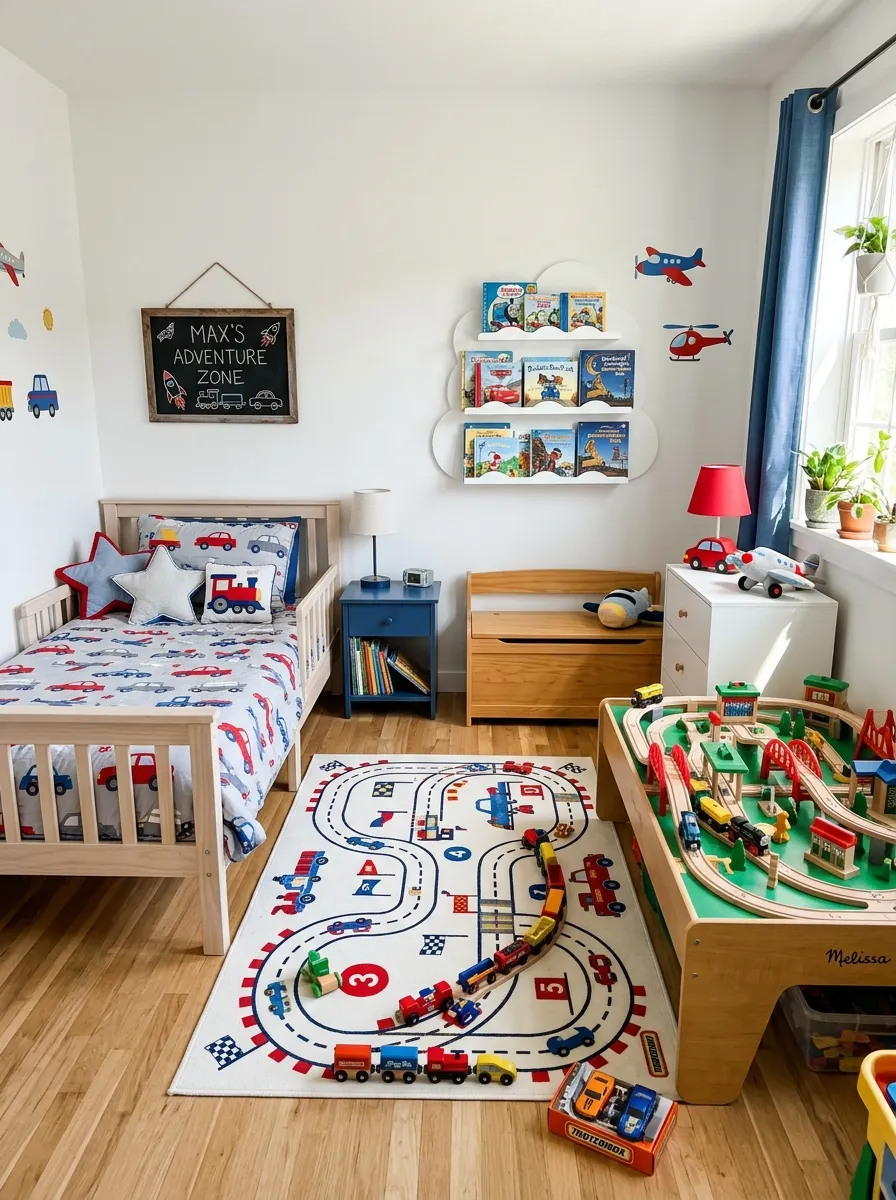 19 Toddler Boy Bedroom Ideas Designers Use to Create Fun Themes Without Making the Room Feel Too Childish 12 Toddler bedroom for boys with transportation theme, race car track rug, cloud bookshelf, and wooden train table