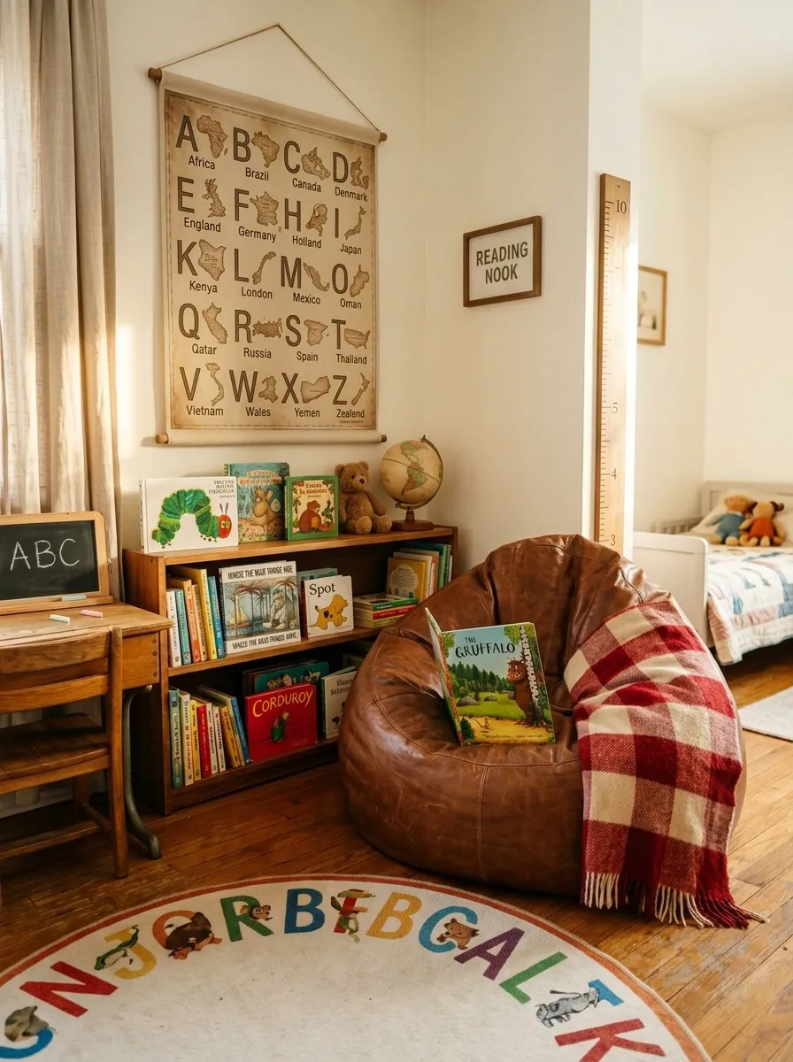 19 Toddler Boy Bedroom Ideas Designers Use to Create Fun Themes Without Making the Room Feel Too Childish 9 Toddler bedroom for boys with vintage schoolhouse map, leather bean bag, alphabet rug, and stocked low bookshelf