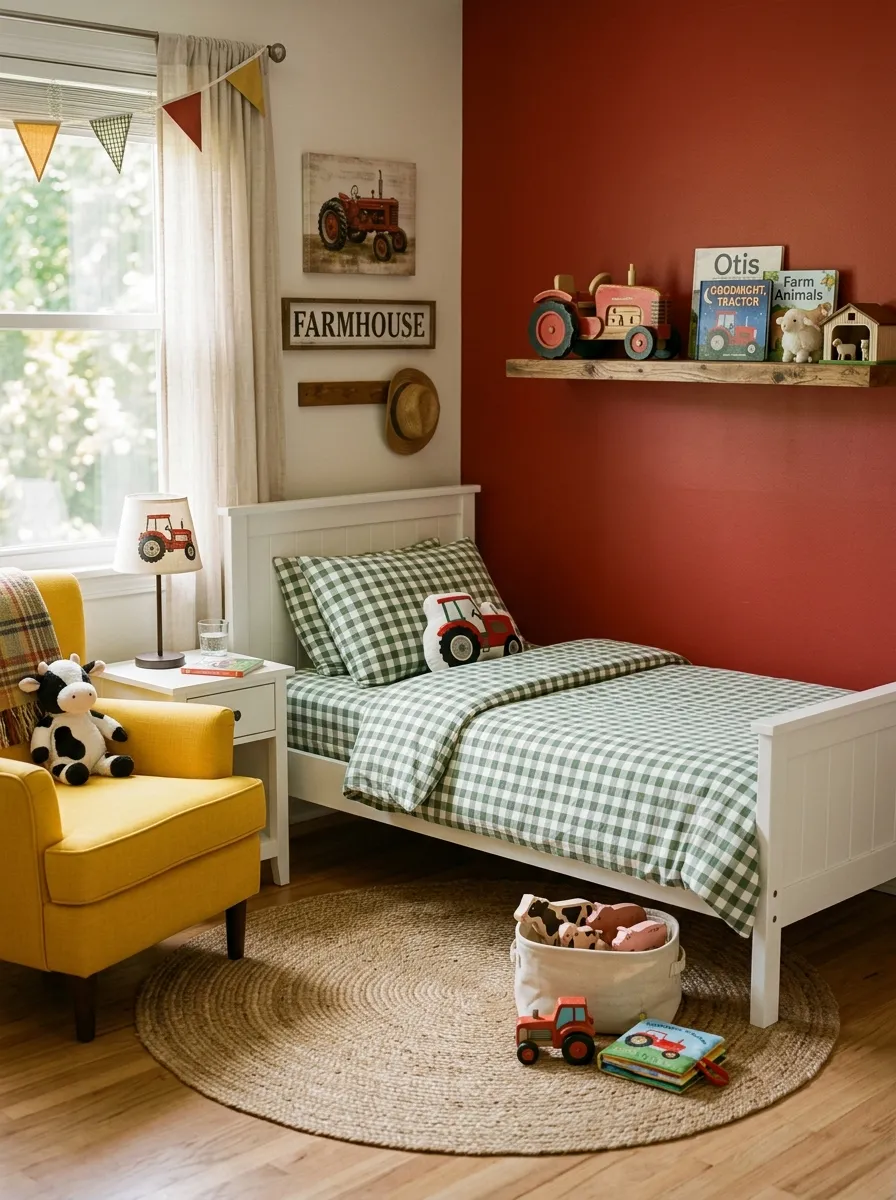 19 Toddler Boy Bedroom Ideas Designers Use to Create Fun Themes Without Making the Room Feel Too Childish 16 Toddler boy bedroom farm theme with barn red accent wall, gingham bedding, yellow accent chair, and jute rug