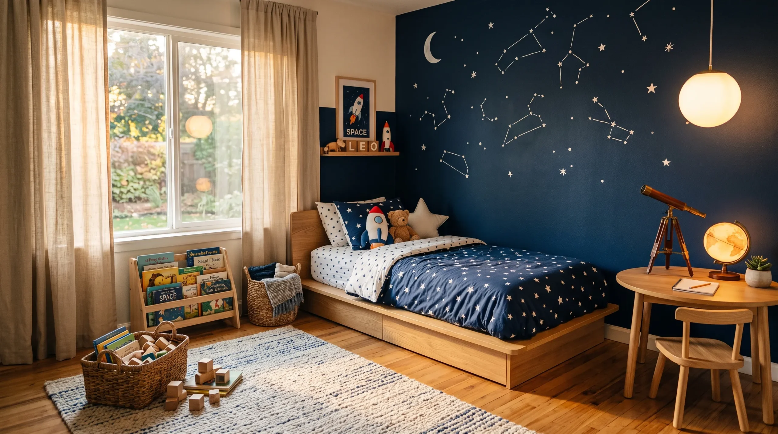 19 Toddler Boy Bedroom Ideas Designers Use to Create Fun Themes Without Making the Room Feel Too Childish 5 Toddler boy bedroom with navy constellation accent wall, platform bed, globe pendant light, and wooden telescope in the corner
