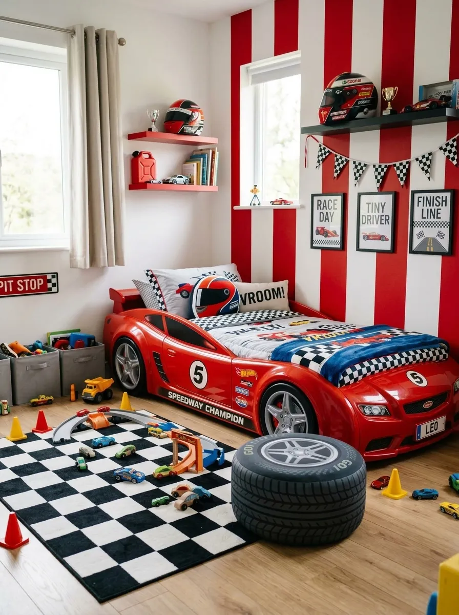19 Toddler Boy Bedroom Ideas Designers Use to Create Fun Themes Without Making the Room Feel Too Childish 19 Toddler boy bedroom race car theme with glossy red car bed, checkered flag rug, tire ottoman, and striped accent wall