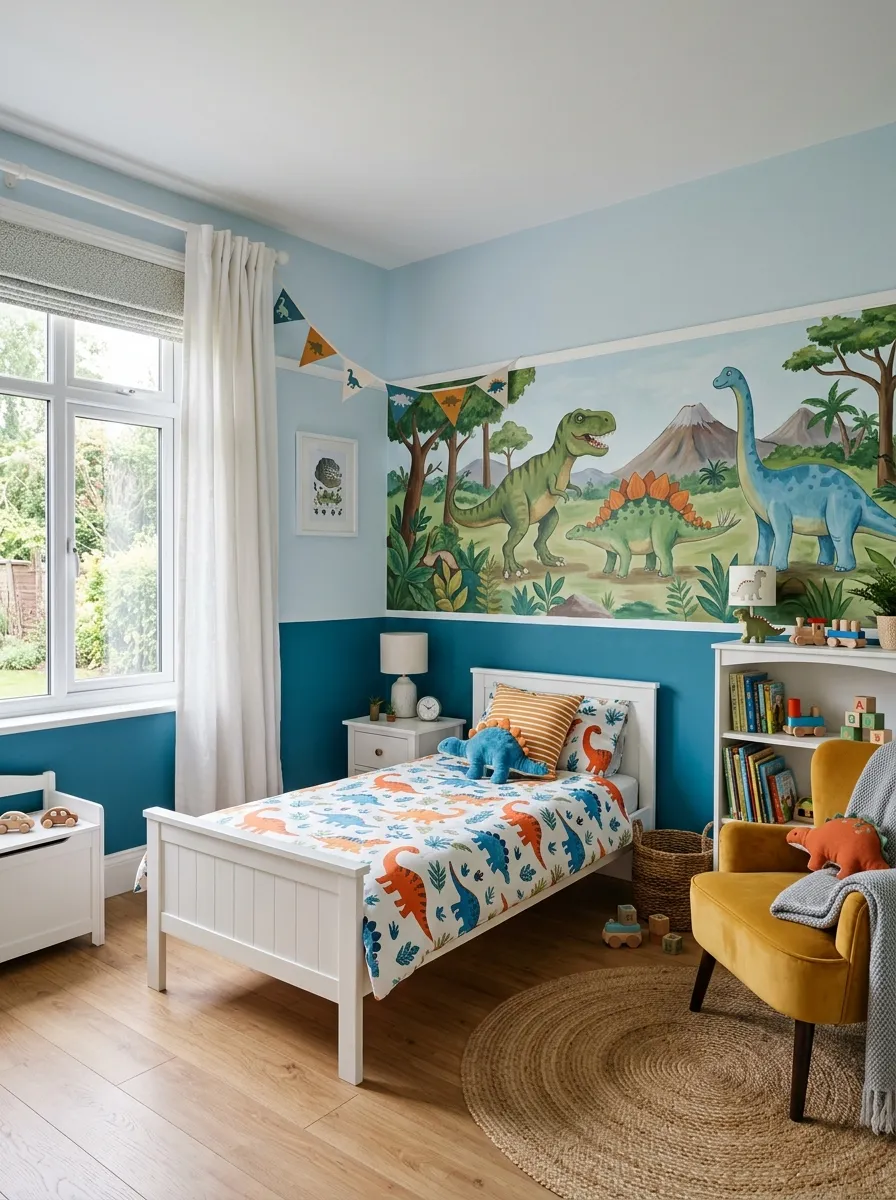 19 Toddler Boy Bedroom Ideas Designers Use to Create Fun Themes Without Making the Room Feel Too Childish 2 Toddler boy room with teal and sky blue two tone walls, dinosaur mural, and orange and blue bedding.