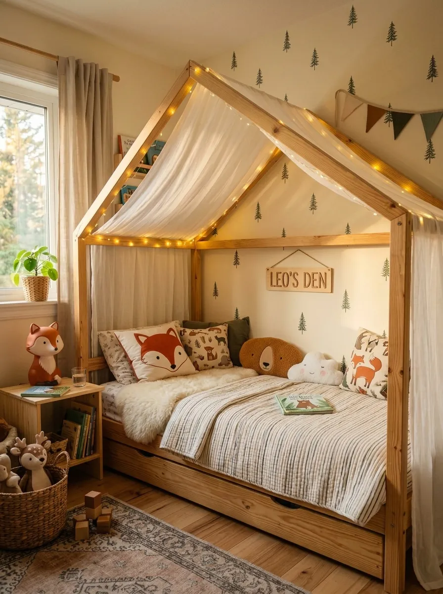 19 Toddler Boy Bedroom Ideas Designers Use to Create Fun Themes Without Making the Room Feel Too Childish 8 Toddler boy bedroom with pine house frame bed, fairy lights through canopy, tree decals, and fox print pillows