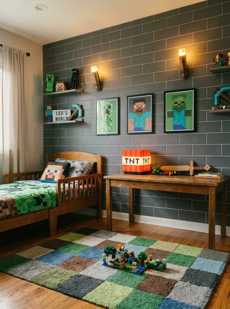 19 Toddler Boy Bedroom Ideas Designers Use to Create Fun Themes Without Making the Room Feel Too Childish 5 Toddler boy bedroom Minecraft theme with painted stone block wall, TNT lamp, and patchwork rug
