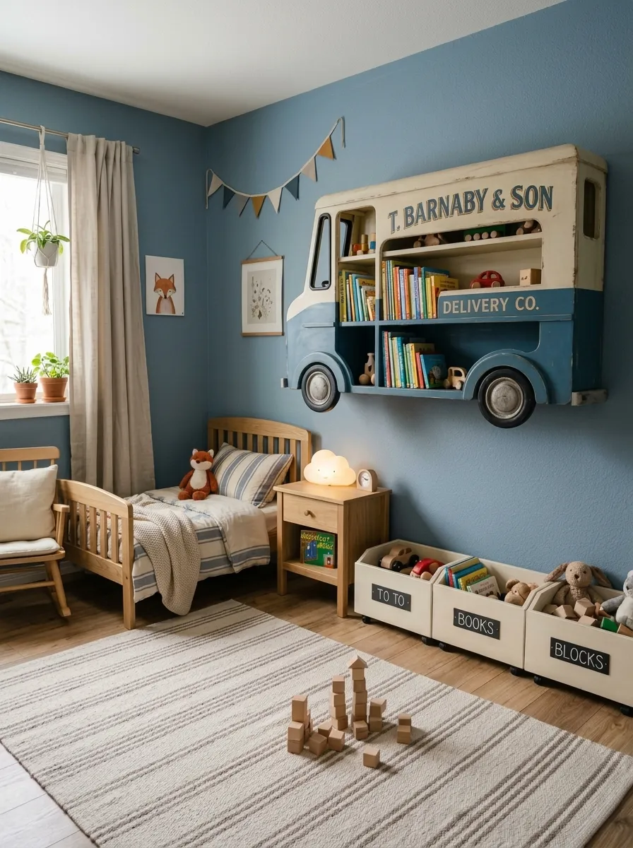 19 Toddler Boy Bedroom Ideas Designers Use to Create Fun Themes Without Making the Room Feel Too Childish 1 Toddler boy bedroom with a vintage delivery van bookshelf, dusty blue walls, and natural wood furniture
