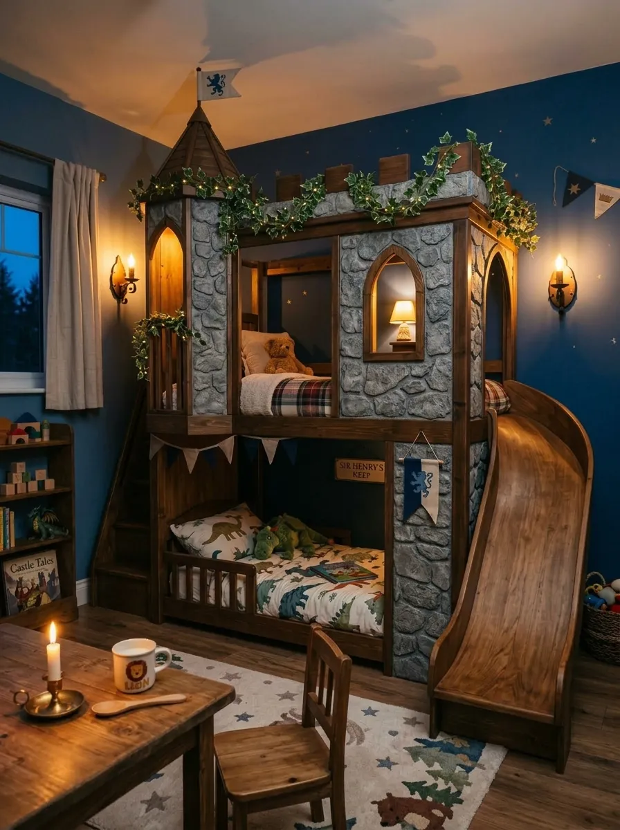 19 Toddler Boy Bedroom Ideas Designers Use to Create Fun Themes Without Making the Room Feel Too Childish 7 Toddler boy room with castle bunk bed, turret, faux ivy garland, and warm wall sconces