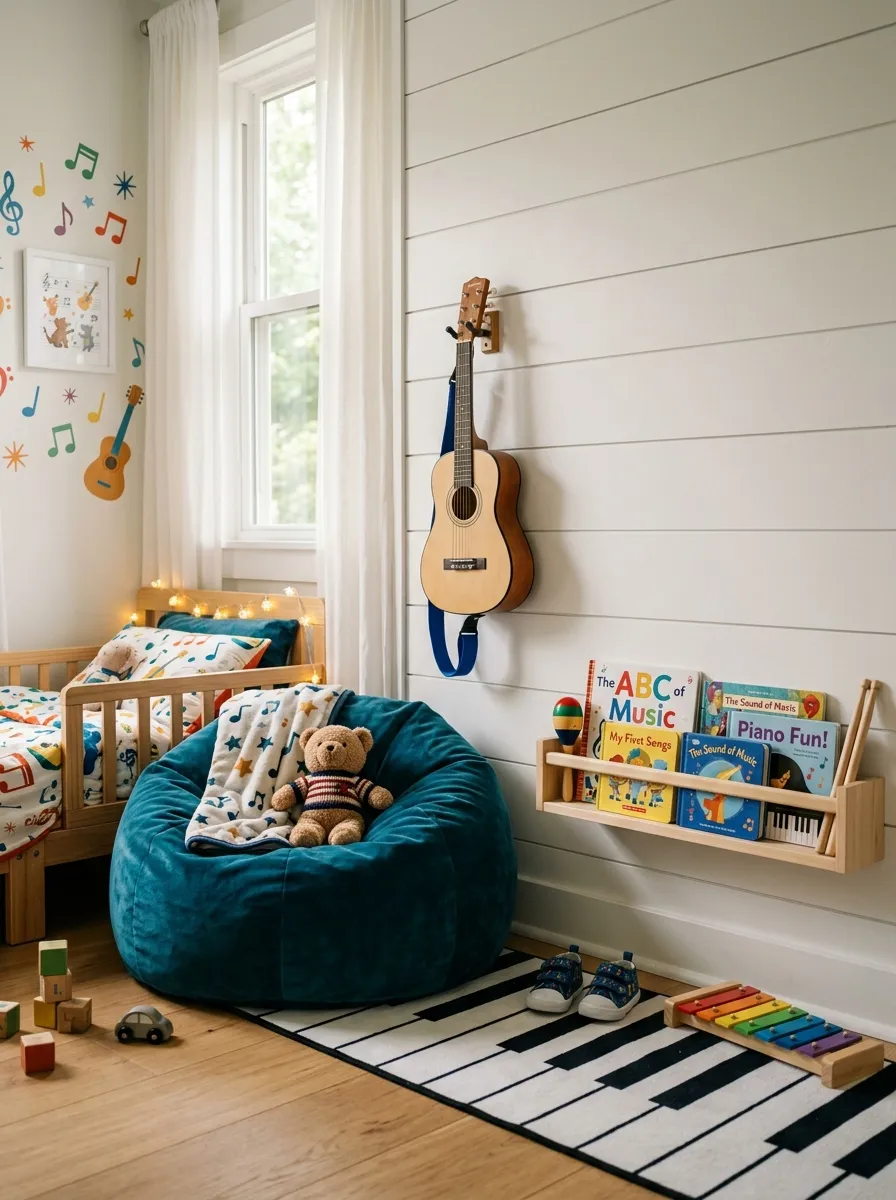 19 Toddler Boy Bedroom Ideas Designers Use to Create Fun Themes Without Making the Room Feel Too Childish 18 Toddler boy room music theme with guitar on shiplap wall, piano key rug, music note decals, and teal bean bag