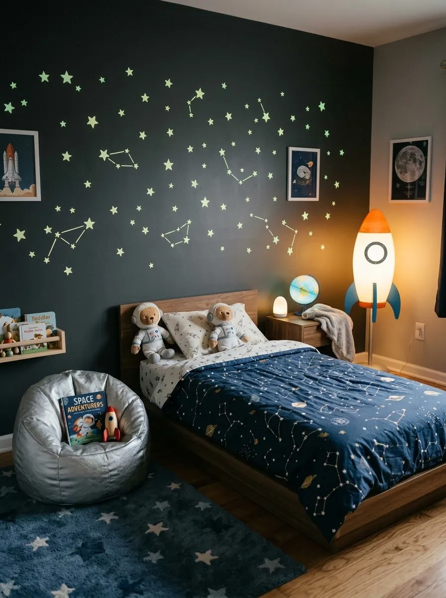 19 Toddler Boy Bedroom Ideas Designers Use to Create Fun Themes Without Making the Room Feel Too Childish 14 Toddler boy room space theme with charcoal accent wall, glow stars, rocket lamp, and constellation print duvet