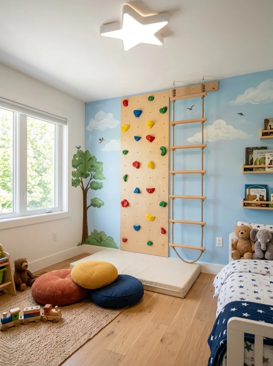 19 Toddler Boy Bedroom Ideas Designers Use to Create Fun Themes Without Making the Room Feel Too Childish 3 Toddler boy room with color coded climbing wall, rope ladder, sky mural, and star shaped ceiling light