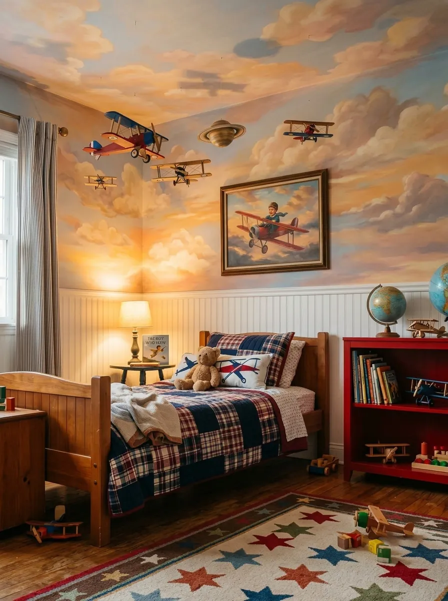 19 Toddler Boy Bedroom Ideas Designers Use to Create Fun Themes Without Making the Room Feel Too Childish 10 Toddler boy room with cloud sky ceiling mural, model biplanes hanging from fishing line, and beadboard paneling