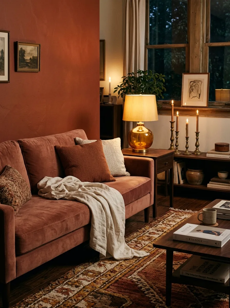 23 Moody Living Room Ideas Using Contrast, Warm Lighting, and Layered Texture for a Cozy Atmosphere 15 Deep terracotta wall with dusty rose sofa and aged brass in a moody living room with tonal warm palette