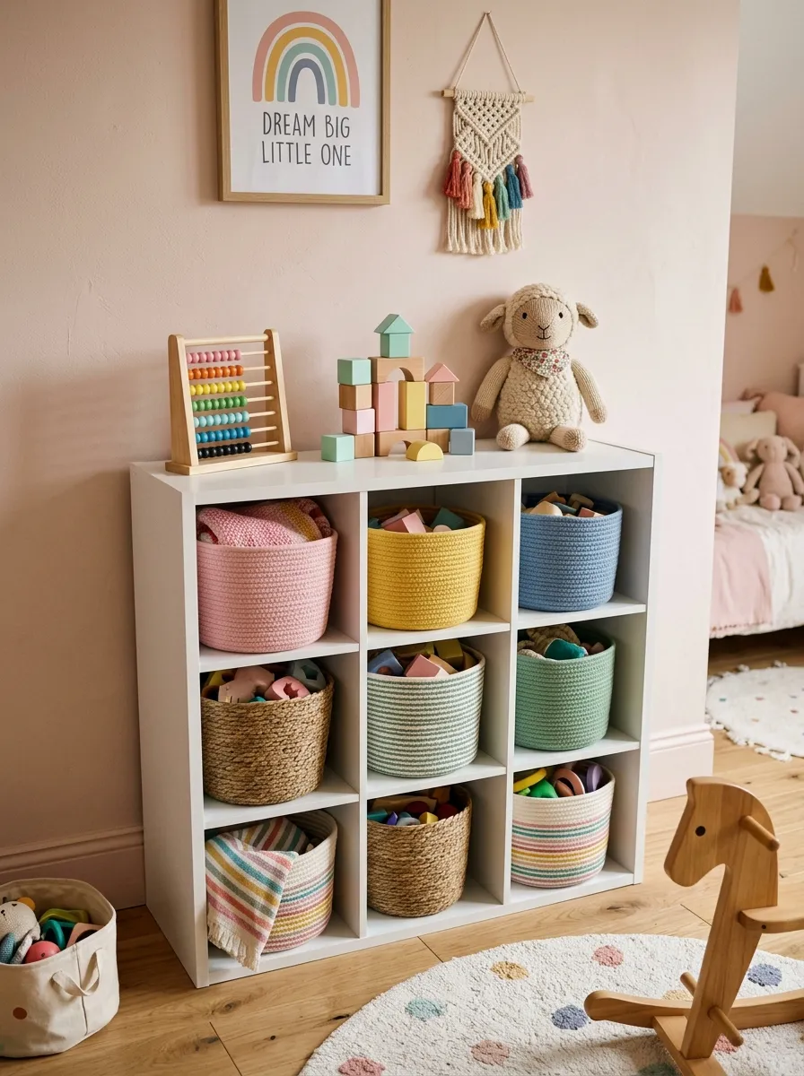 A low white cube storage unit with woven baskets and a curated toy display on top in a warm toddler girl bedroom with blush walls