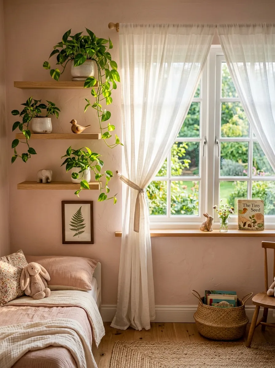 Trailing pothos plants in white ceramic pots on wood floating shelves near the window of a soft and organic little girl bedroom with blush walls