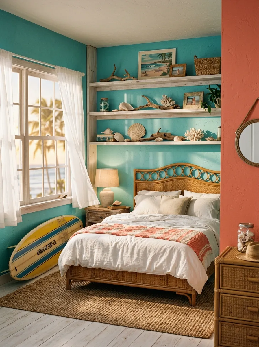 17 80s Bedroom Ideas That Balance Bold Nostalgia, Playful Color, and Modern Design Without Chaos 13 Turquoise and coral eighties bedroom style with rattan bed, surfboard wall art, and whitewashed wood floor in a breezy coastal atmosphere