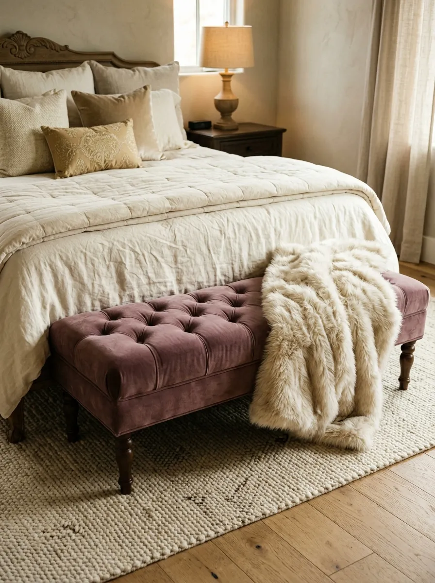 21 Glam Room Ideas That Perfectly Balance Drama, Comfort, Beauty, and Everyday Function 14 Tufted dusty mauve velvet bench with faux fur throw at the foot of a king bed in a warm glamorous bedroom with ivory bedding