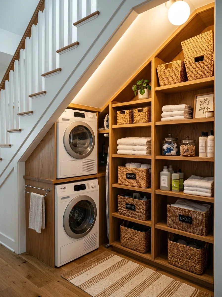 15 Laundry Closet Ideas That Use Thoughtful Design to Solve Everyday Organization and Storage Problems 8 Under stair laundry closet with washer and dryer near the entrance and open wood shelves following the sloped ceiling