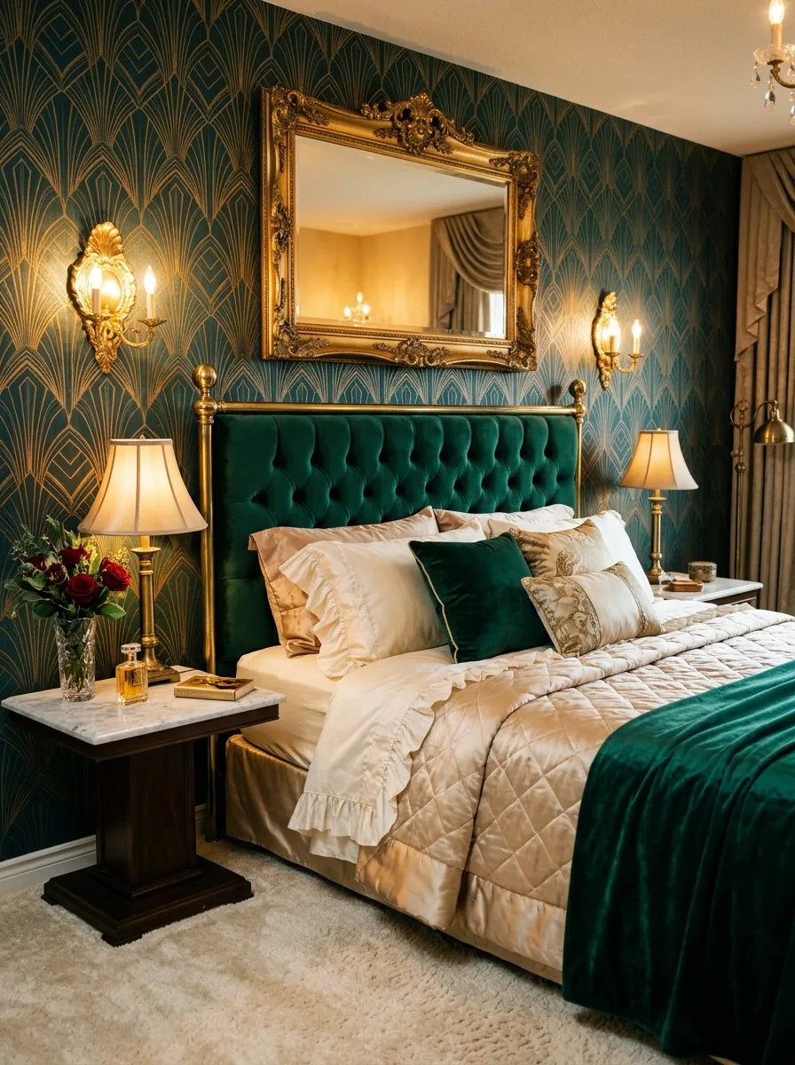 17 80s Bedroom Ideas That Balance Bold Nostalgia, Playful Color, and Modern Design Without Chaos 7 Emerald velvet headboard art deco eighties bedroom with brass sconces, champagne silk bedding, and marble nightstand in warm luxury atmosphere