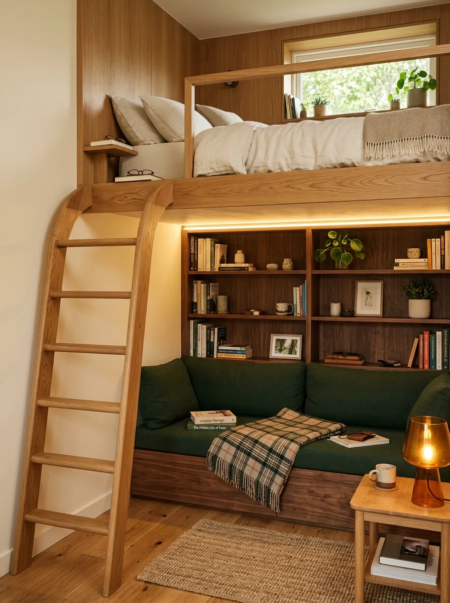 A compact loft bedroom with vertical zoning, oak sleeping platform, LED strip lighting, and built in walnut reading bench