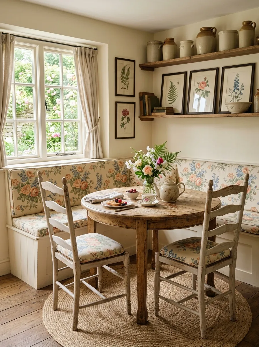 Whitewashed dining chairs upholstered in vintage chintz fabric with distressed oak table in a Nancy Meyers dining aesthetic