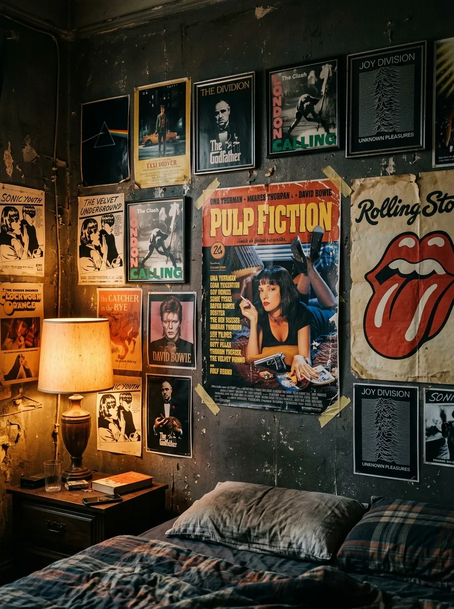19 Grunge Apartment Ideas That Follow Quiet Design Rules for a Cool, Moody, and Authentic Space 3 Vintage music and film posters in mixed frames on a grunge apartment bedroom wall with warm lamp lighting and plaid bedding