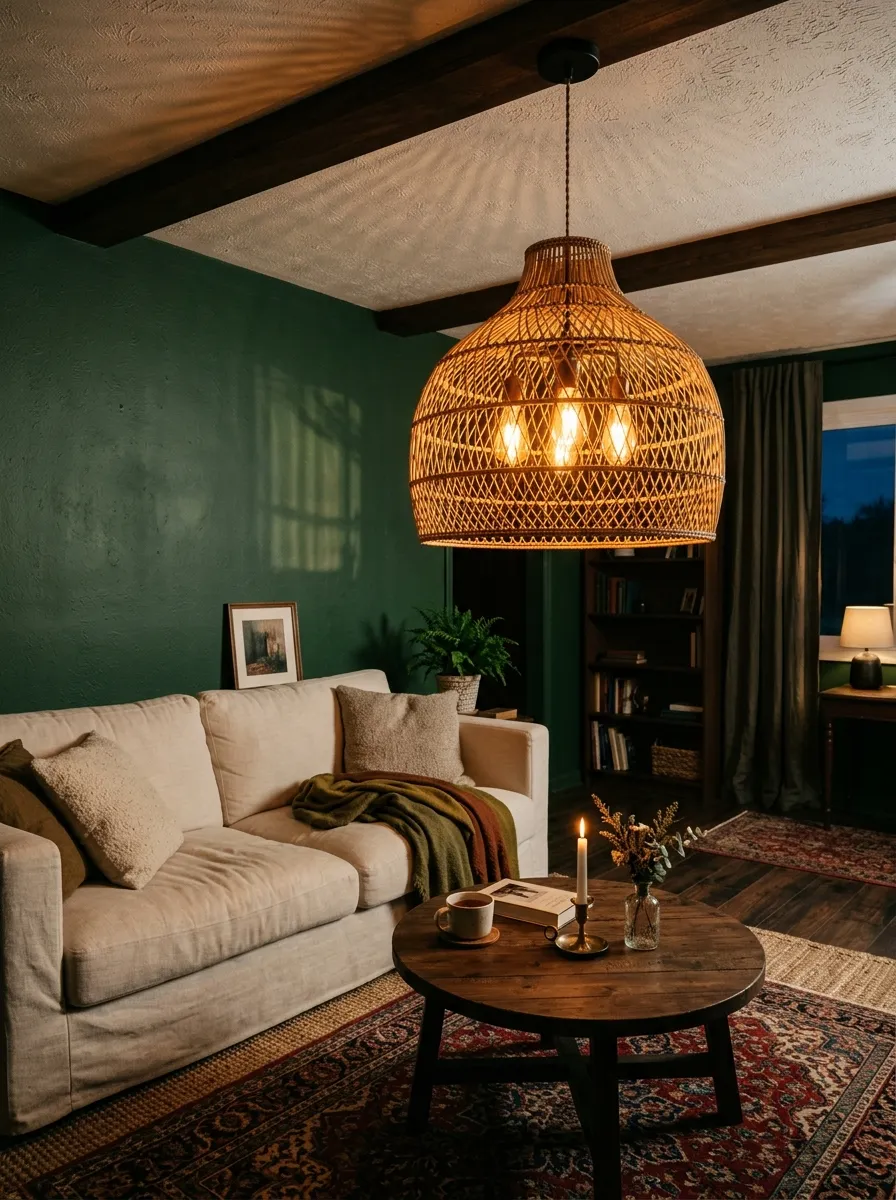 23 Moody Living Room Ideas Using Contrast, Warm Lighting, and Layered Texture for a Cozy Atmosphere 21 Vintage rattan pendant with amber Edison bulbs in a moody living room with deep forest green walls