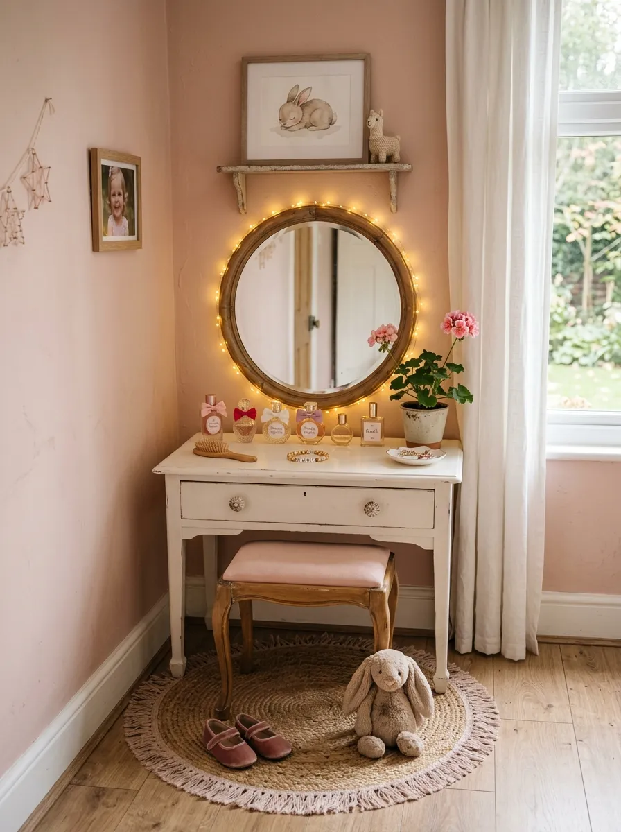 A small white vintage dresser with a round mirror, fairy lights, and a tiny potted flower in a sweet toddler bedroom decor vanity corner