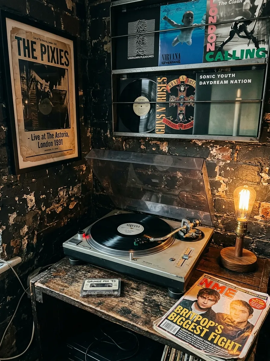 19 Grunge Apartment Ideas That Follow Quiet Design Rules for a Cool, Moody, and Authentic Space 12 Vintage turntable and vinyl records displayed on distressed wood shelving in a grunge apartment with framed concert poster