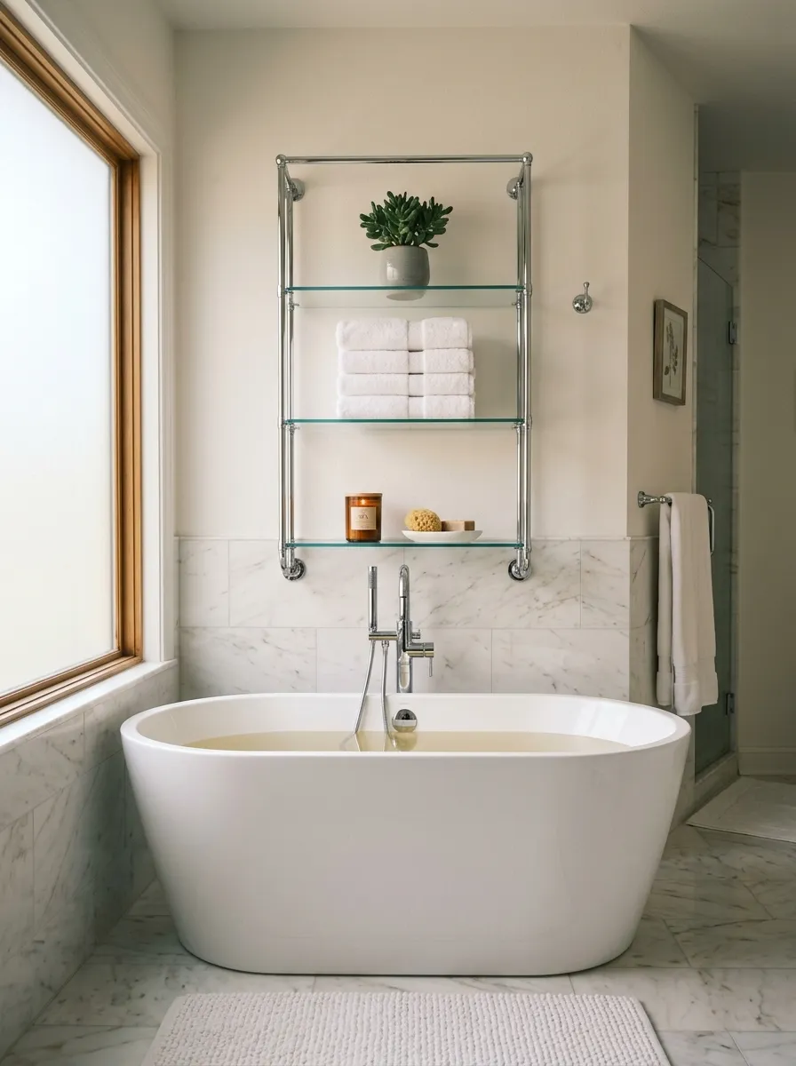 17 Postmodern Chrome Home Decor Ideas Bringing Retro Futuristic Style Back Into Modern Interiors 16 Wall mounted chrome frame bathroom shelving unit with three glass tiers holding towels, candle, ceramic dish, and succulent above soaking tub