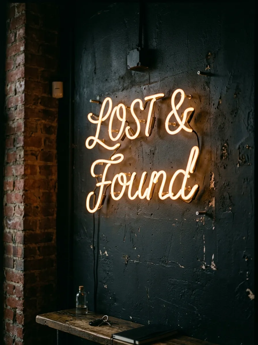19 Grunge Apartment Ideas That Follow Quiet Design Rules for a Cool, Moody, and Authentic Space 19 Warm amber neon sign mounted at eye level on a dark wall in a grunge apartment with exposed brick texture beside it