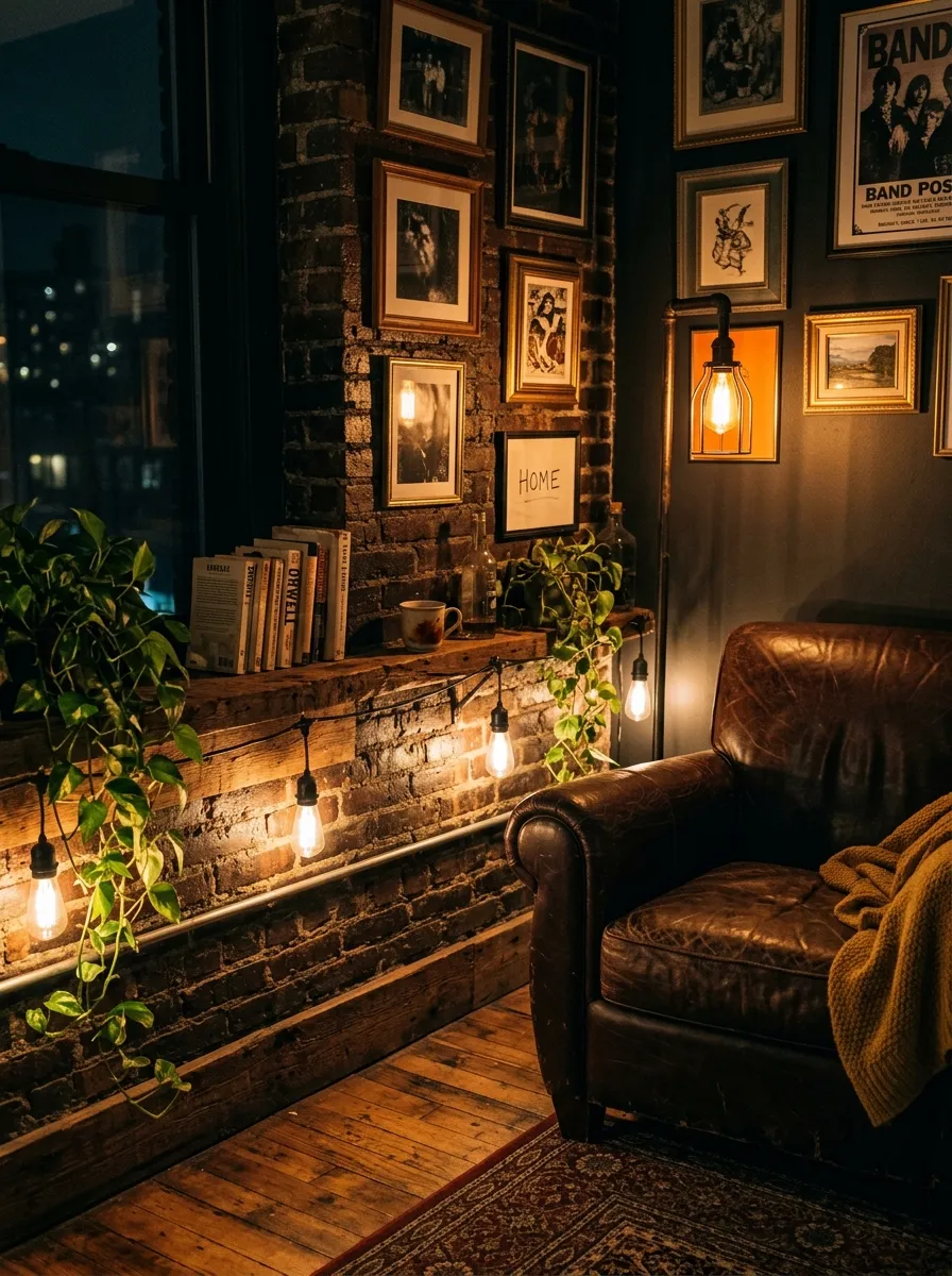 19 Grunge Apartment Ideas That Follow Quiet Design Rules for a Cool, Moody, and Authentic Space 1 Warm Edison bulb lighting in a grunge apartment living room corner with exposed brick and trailing pothos plant