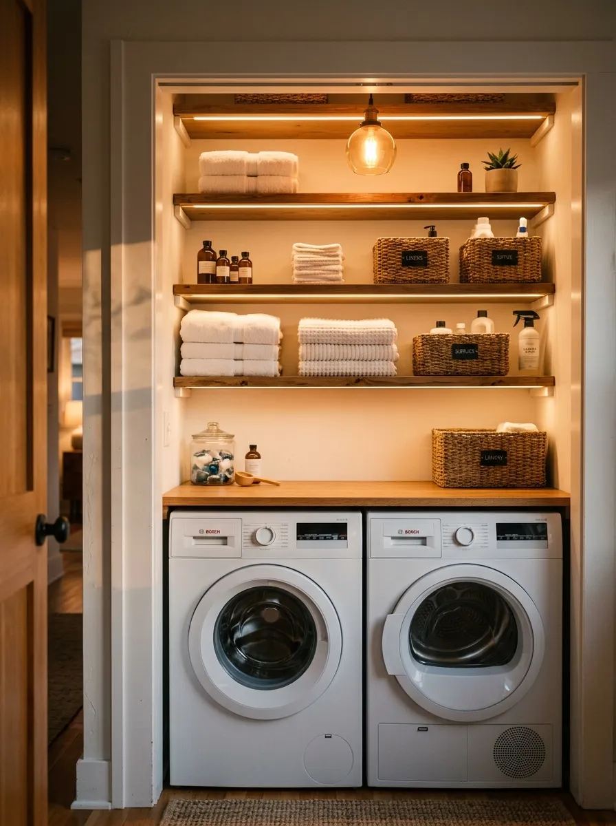 15 Laundry Closet Ideas That Use Thoughtful Design to Solve Everyday Organization and Storage Problems 11 Laundry closet interior with warm LED strip lights under shelves highlighting folded towels and woven baskets