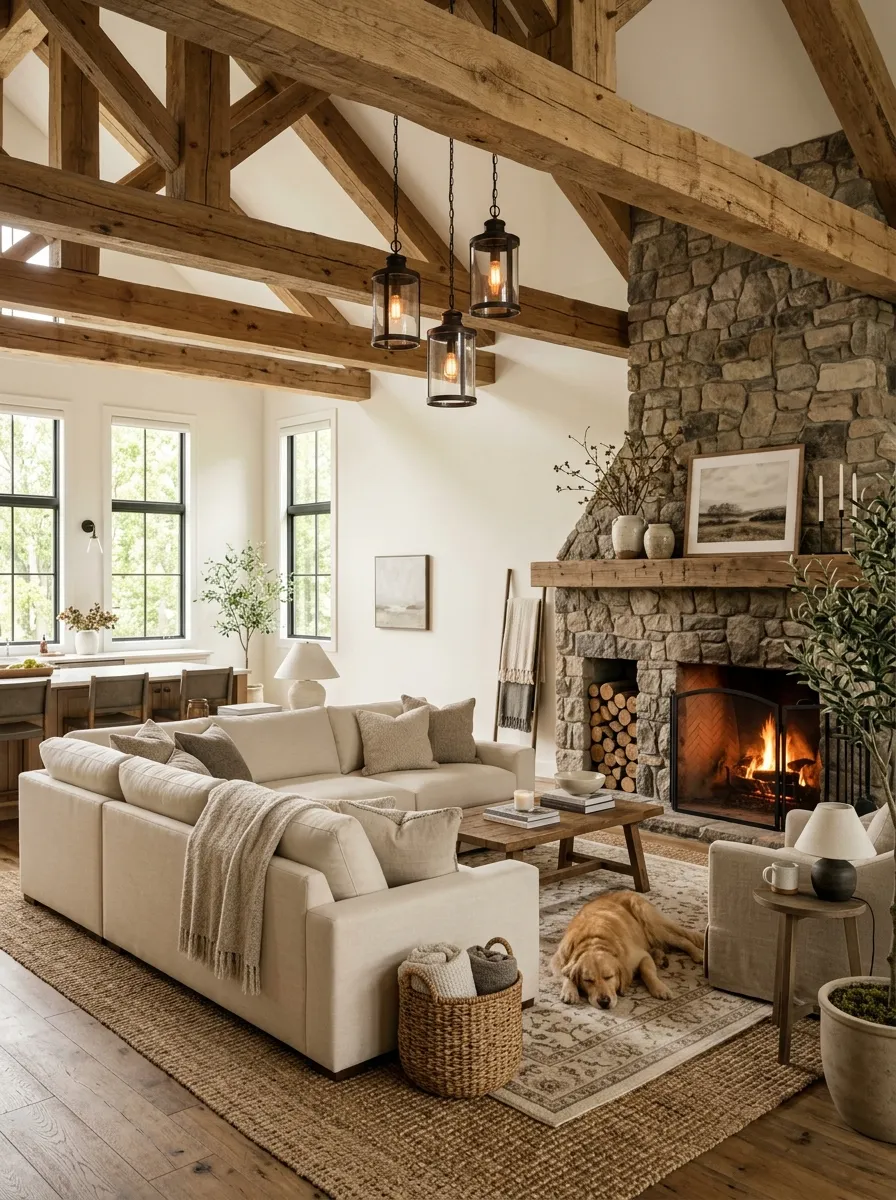 A warm open plan great room with exposed wood ceiling beams, stone fireplace, cream sectional sofa, and layered jute rugs