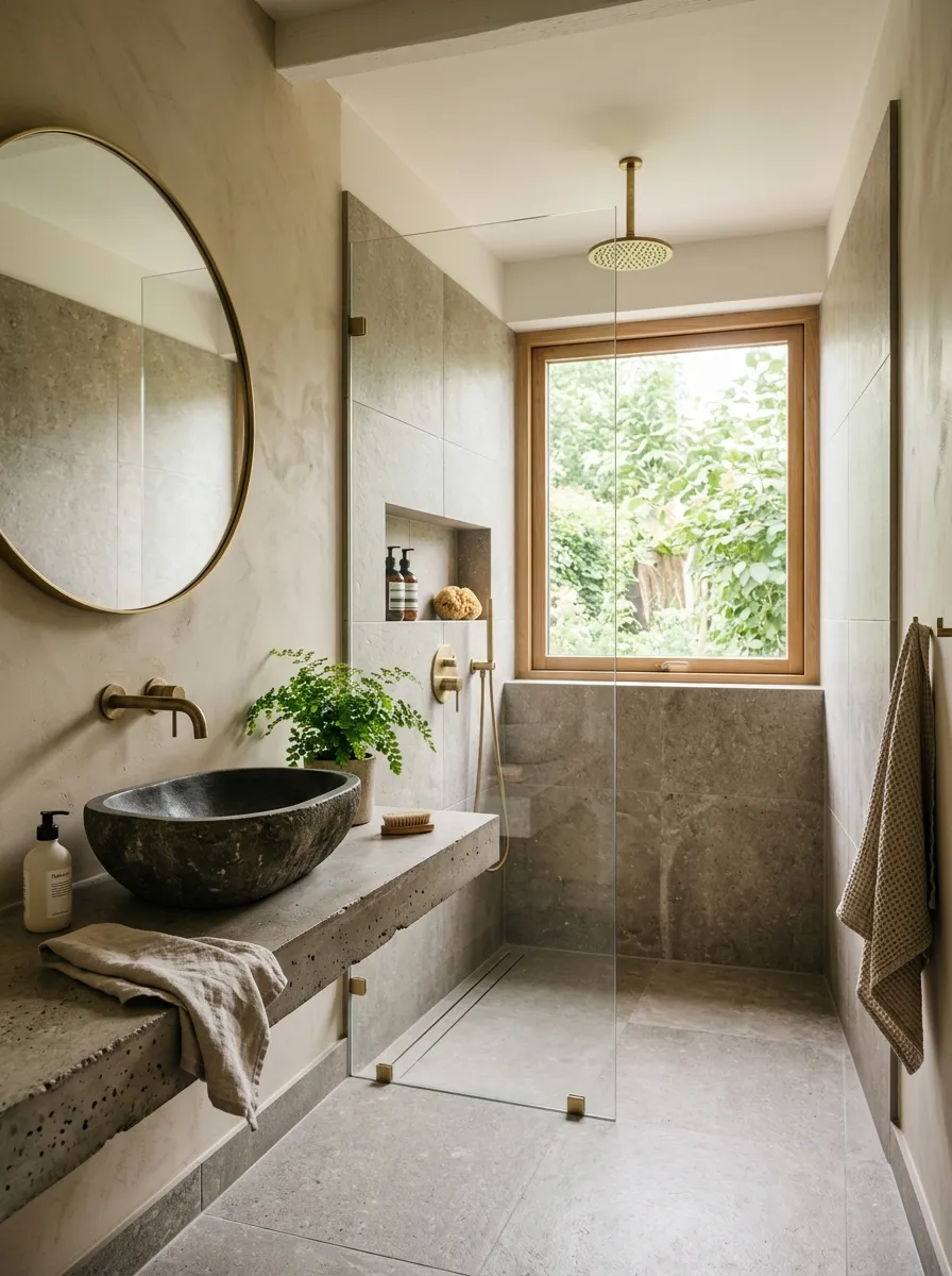 A minimal wet room bathroom with a freestanding stone basin, raw concrete vanity, brushed gold tapware, and large gray tiles