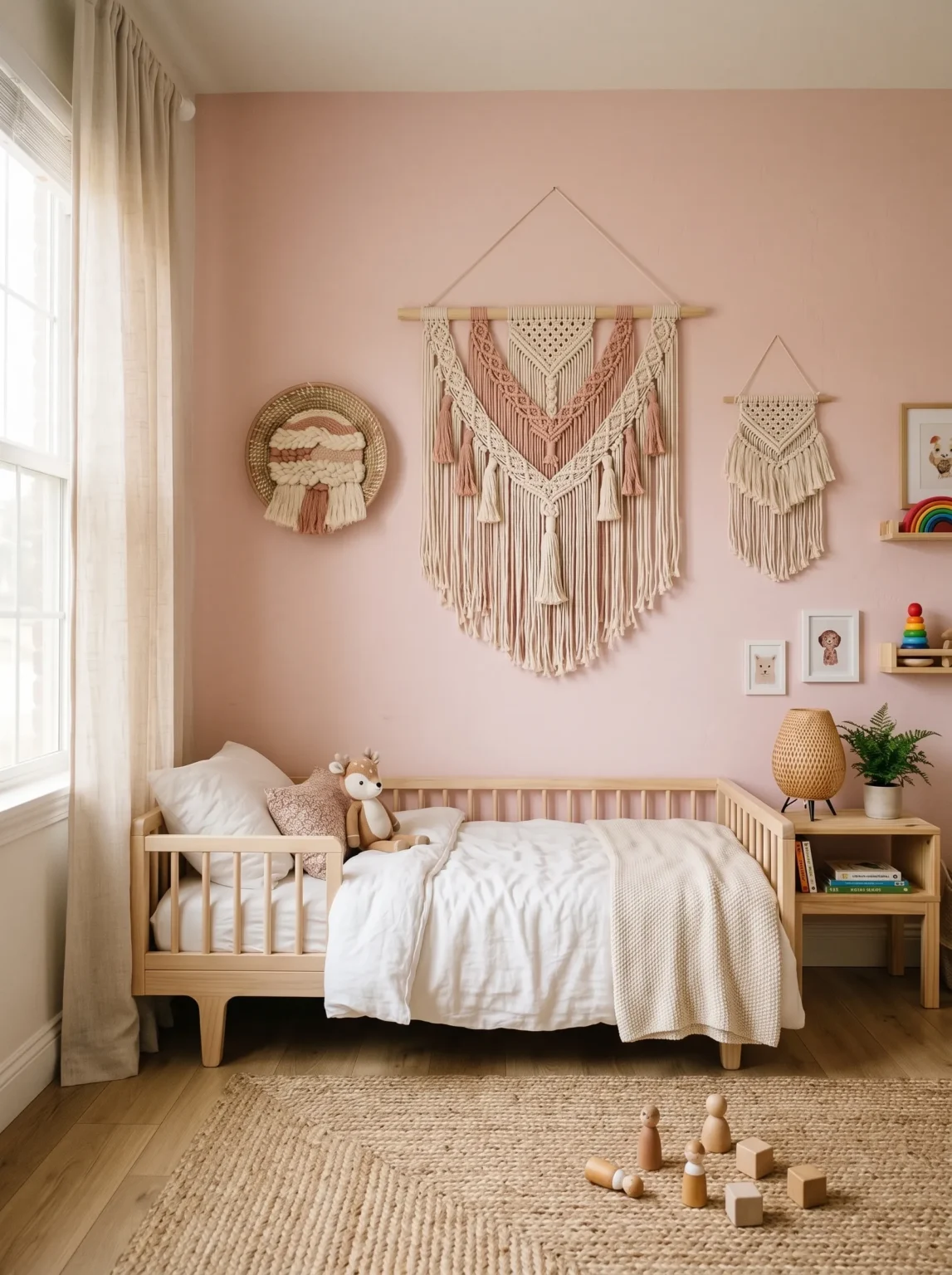 A large macrame wall hanging flanked by smaller woven fiber art pieces above a white bed in a warm girl toddler bedroom ideas setting